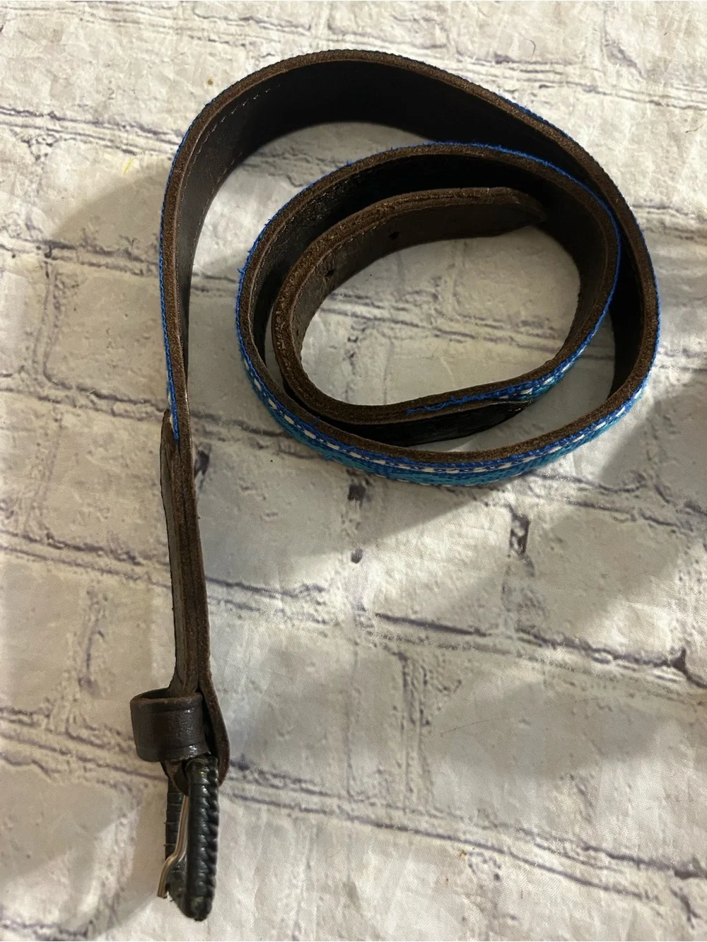 CHUNKY BROWN LEATHER ON SAGE WEB BAND SIZE 34 & VTG BLUE MULTI EMBOSSED BELTS